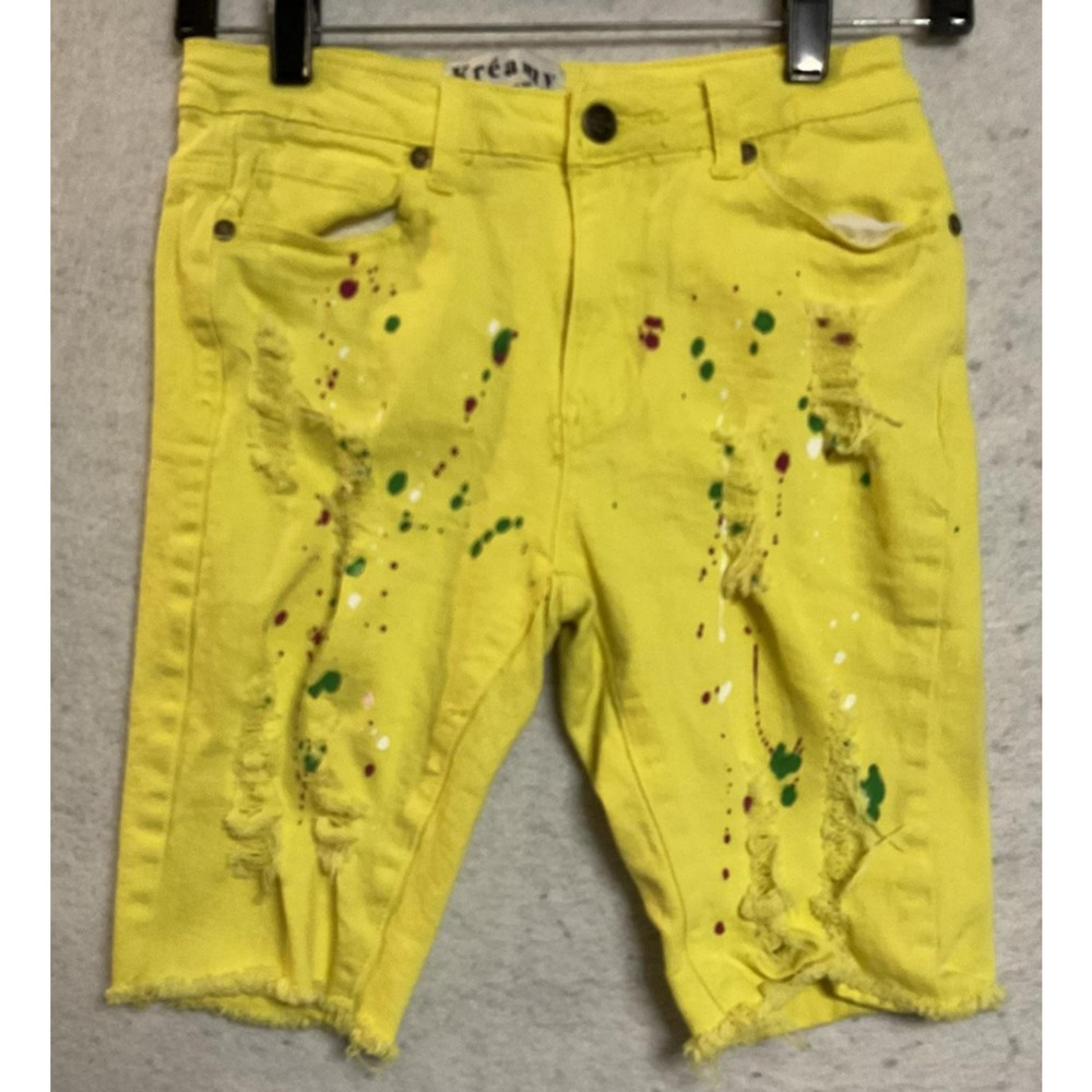 Kréamy Shorts Womens Small Yellow Distressed Paint Splatter Bermuda Stretch